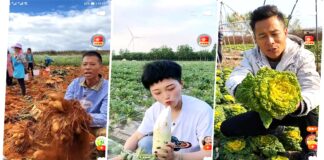 Tre bønder på ulike steder i Kina live-streamer sine produkter på plattformen Kuaishou.