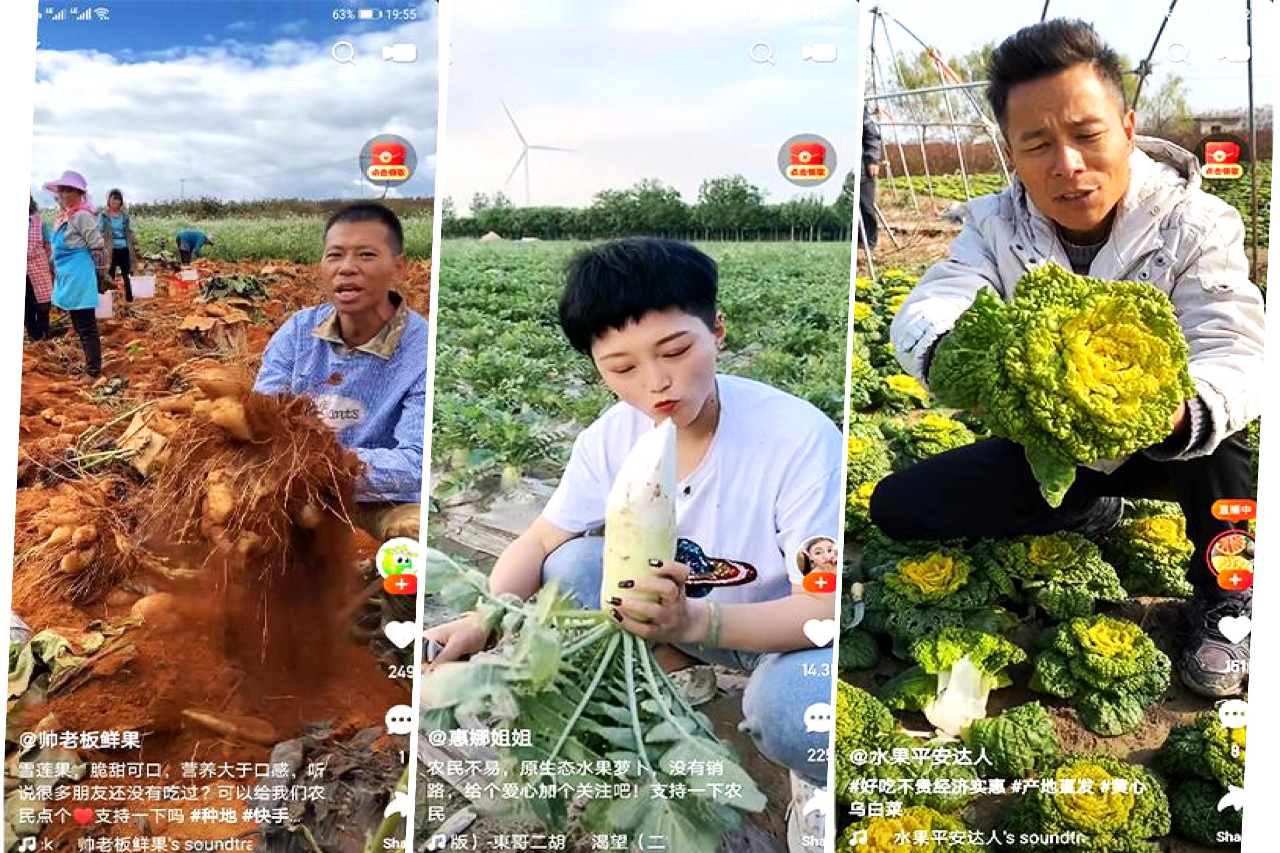 Tre bønder på ulike steder i Kina live-streamer sine produkter på plattformen Kuaishou.